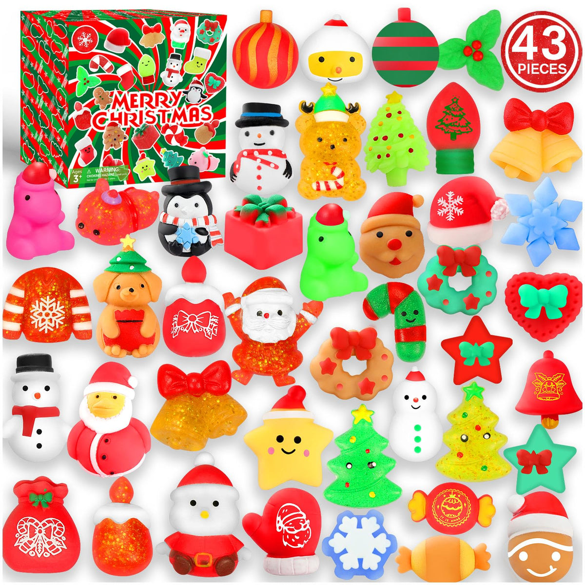 PHIMOTA Christmas Party Favors 43 Pcs Mochi Squishy Toys Squishies for Kids Stress Relief Toys for Christmas Goodie Bags Treats Decorations Classroom Prizes Birthday Gift Toys Pack