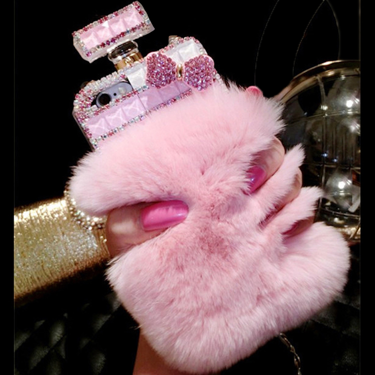 Perfume Bottle Rabbit Fur Square Phone Case for iPhone