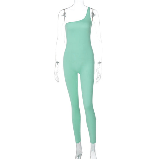 2024 Spring Women's Solid Color One-Shoulder Jumpsuit